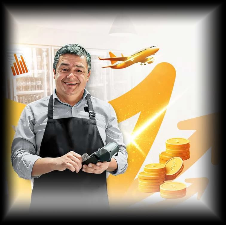 Comerciante sonriente cobrando con su terminal, con flechas doradas de crecimiento y monedas